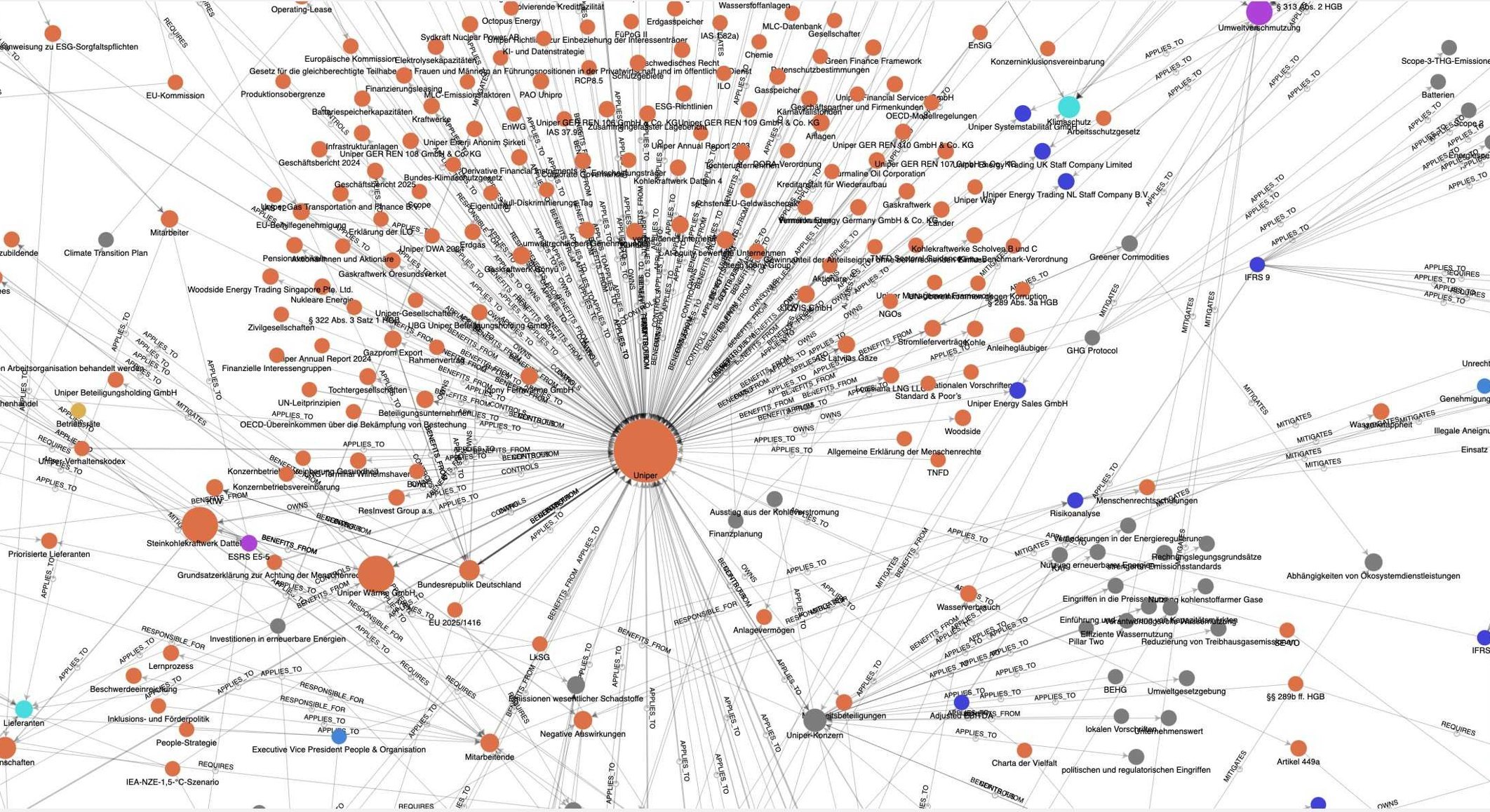 Matrix knowledge graph extracted from one public annual report: thousands of entities connected by labelled relations.